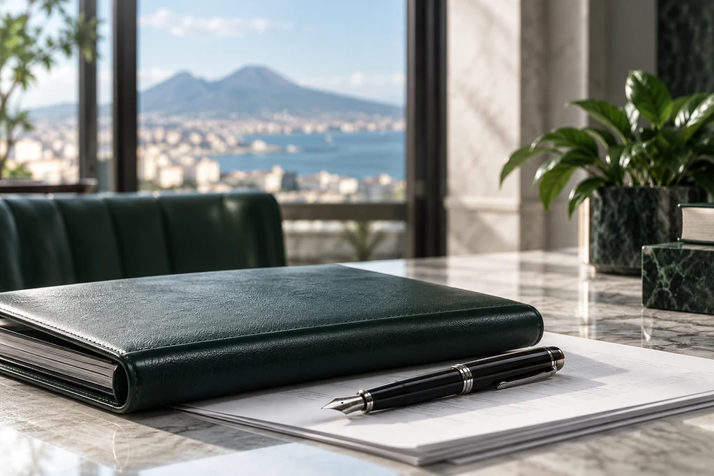 La scrivania dello studio con la vista su Napoli